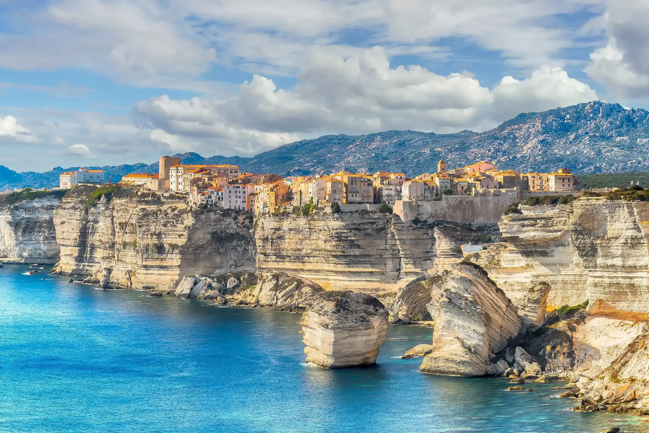 The clifftop citadel of Bonifacio above the limestone cliffs and the Mediterranean